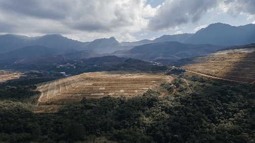 Aerial view of a field with trees all around and mountains in the background