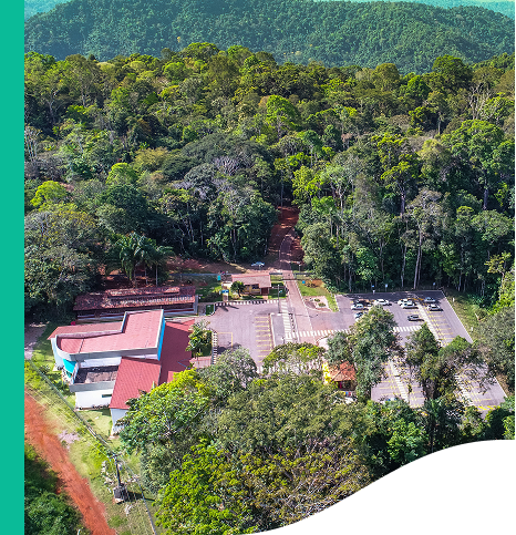 Aerial view of a building complex surrounded by dense forest. It includes structures with red and white roofs, parking lots with cars, and pathways connecting the buildings. In the background, a vast green forest.