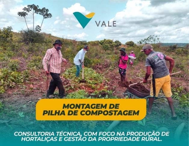 Image of four rural workers working with soil and hoes. In the image it is written “Assembly of Composting Pile” and “Technical consultancy focused on vegetable production and rural property management”. In the upper corner there is the Vale logo.