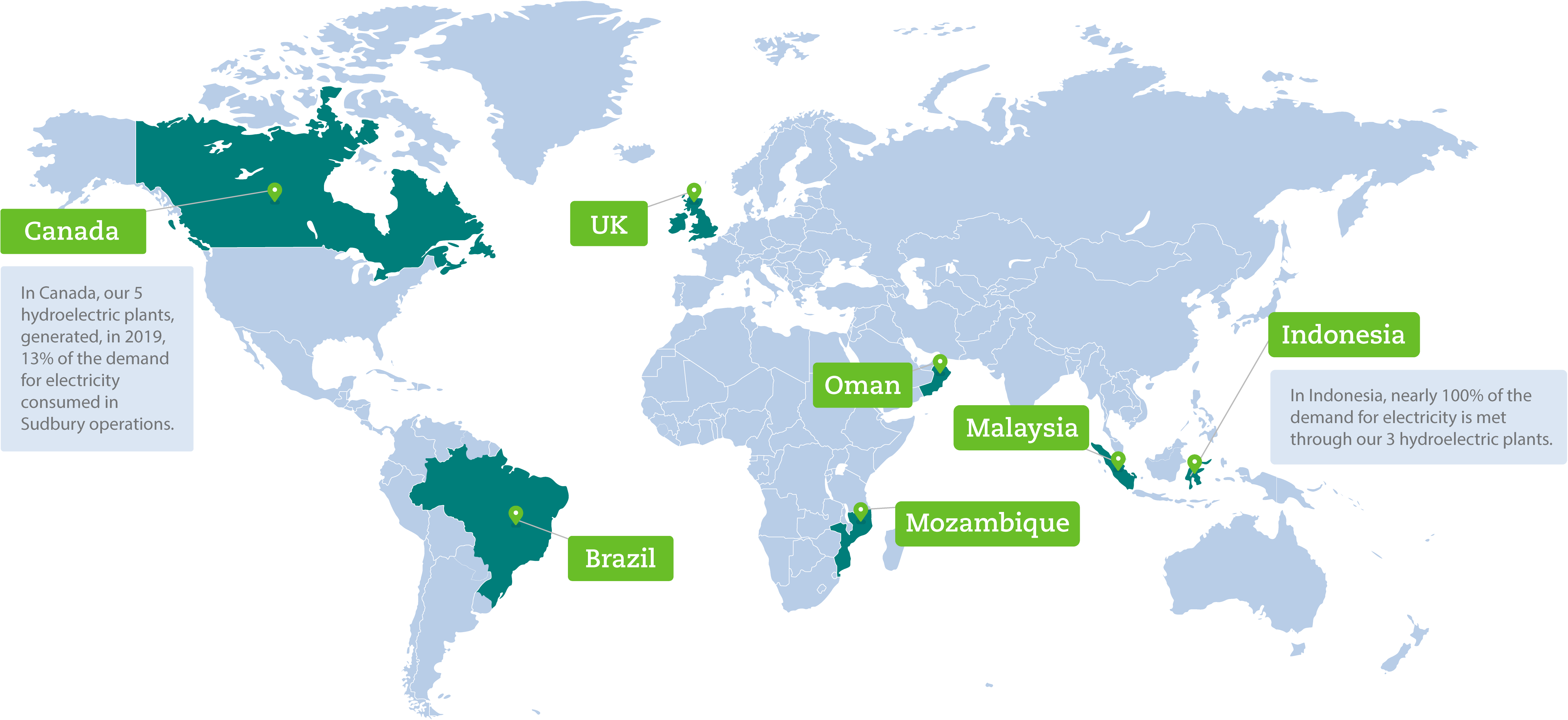 Map with information on Vale's energy generation in several countries