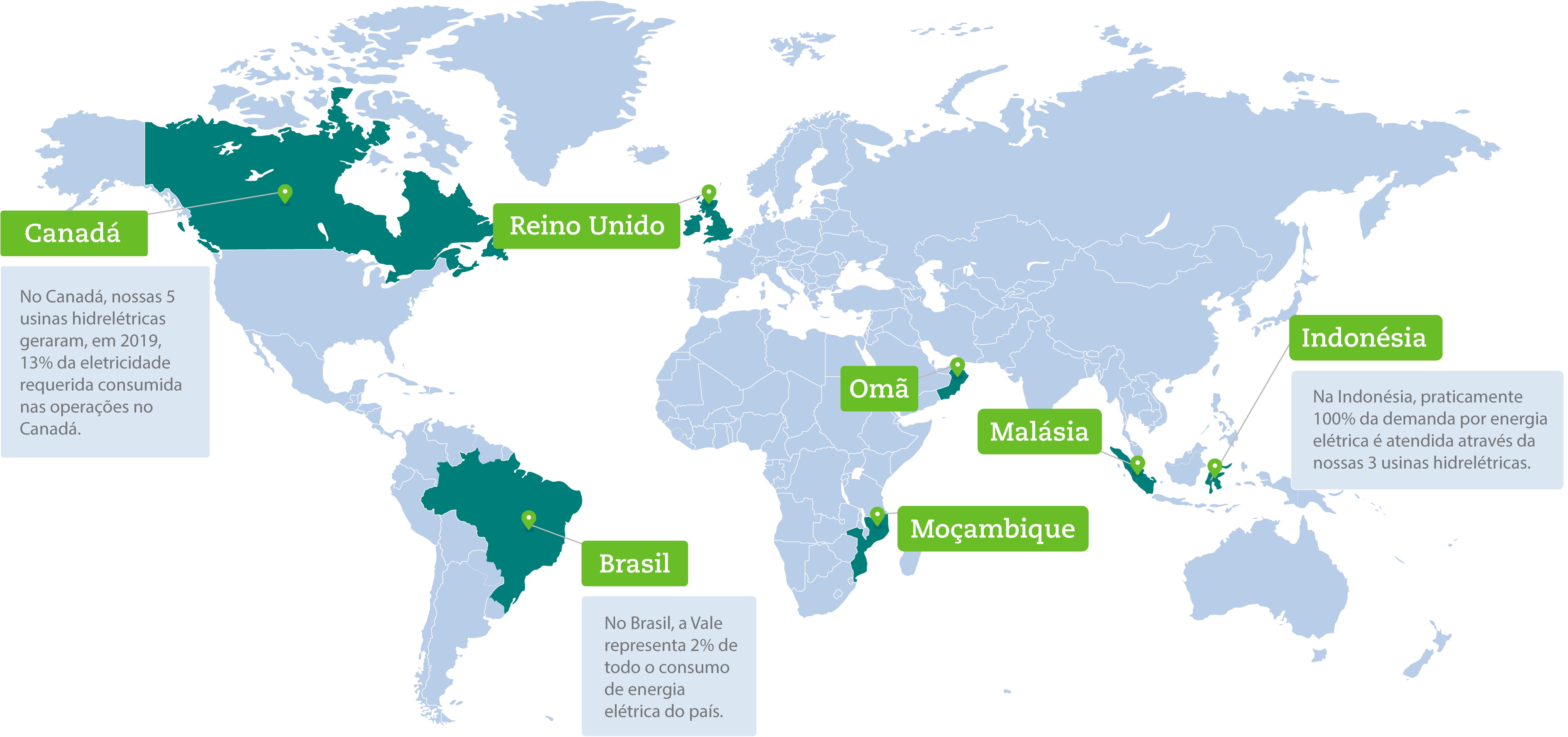 Mapa com informações sobre a geração de energia da Vale em diversos países