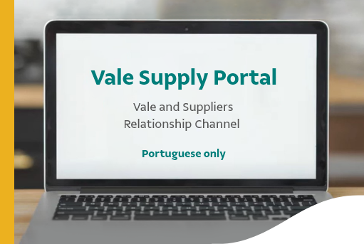 Image of a computer with the phrase “Vale Supply Portal. Vale and suppliers relationship channel. Portuguese only”