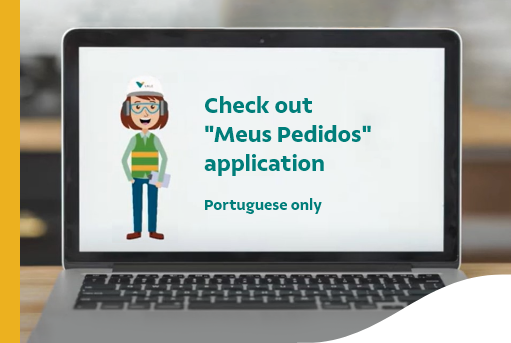 Image of a computer with an illustration of a woman in it and the phrase “Check out “Meus pedidos” application. Portuguese only”