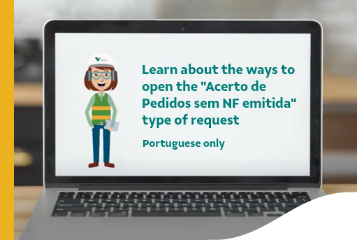 Image of a computer with an illustration of a woman in it and the phrase “Learn about the ways to open the ‘Acerto de Pedidos sem NF emitida’ type of request. Portuguese only”