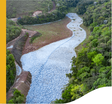 Nas laterais da imagem é possível uma área de vegetação enquanto, no meio, há um caminho coberto por pedras.