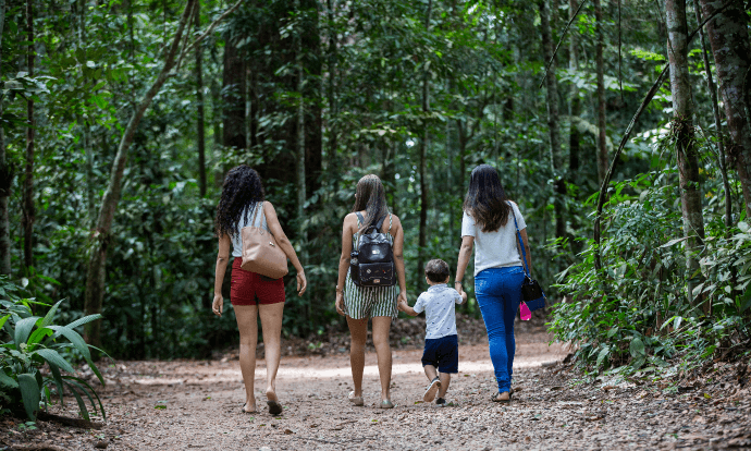 Three women and a boy are walking through an environment full of trees. Everyone with their backs to the photo.