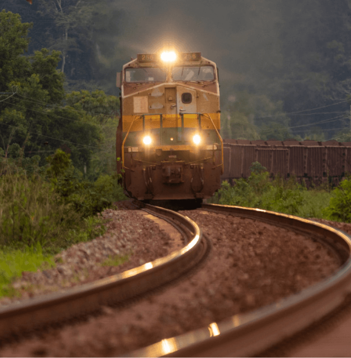 A train on a track near a region full of trees.