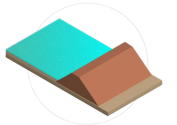 Ilustração da etapa única com uma parte mais pra baixo quadrada azul representando a água e uma pirâmide ao lado marrom representando a montanha