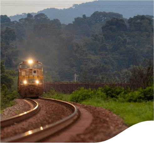 Um trem está com as luzes acessas seguindo por uma estrada. A paisagem ao redor é de mata