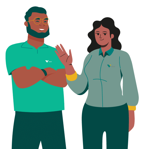 Ilustração representando um homem e uma mulher - ambos negros - usando uniformes da Vale. O homem está sorrindo de braços cruzados e a mulher está acenando.