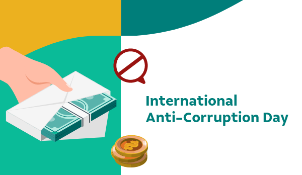 Illustration of an envelope with money and the forbidden symbol. On the side, the text International Anti-Corruption Day