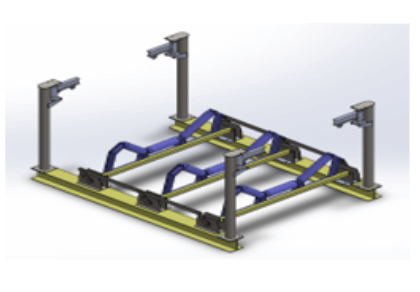 Illustration of equipment together with a row of M-shaped support structures