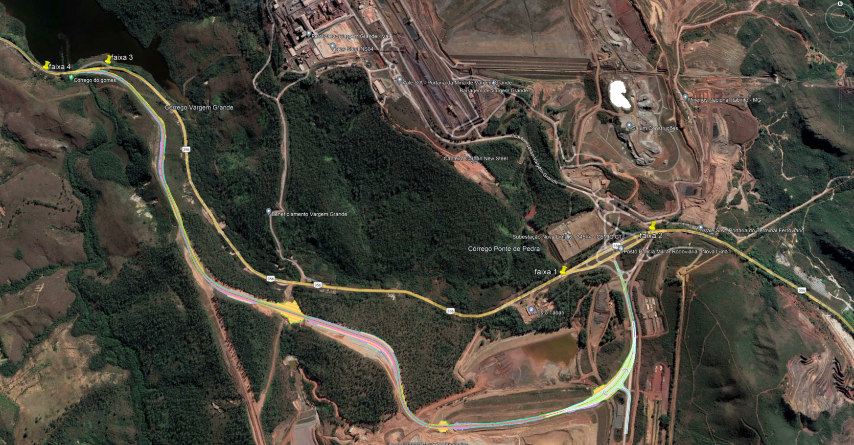 Foto vista de cima de uma região com vegetação verde com vários caminhos com linhas e marcadas em amarelo e alguns terrenos sem nenhuma vegetação, só com a terra marcada.