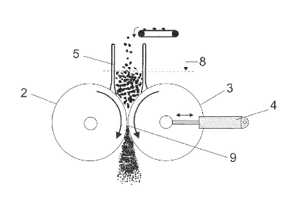 Ilustração do equipamento com dois círculos e uma passagem de minério pelo meio dos dois