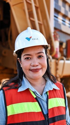A Vale employee smiles as she is photographed. She is wearing a vest and a protective hat.