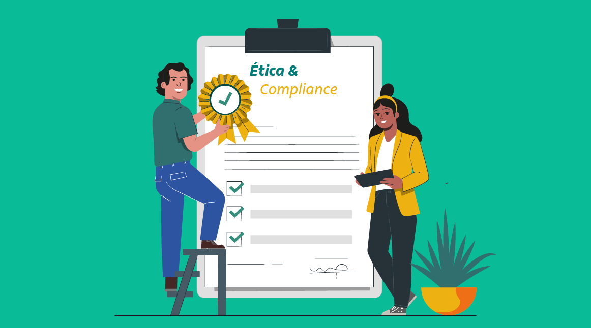 Prancheta de ética e compliance e dois empregados vale centralizados em fundo verde água