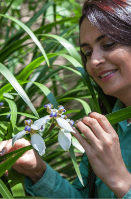 Uma empregada Vale toca em uma flor e sorri, olhando para ela.