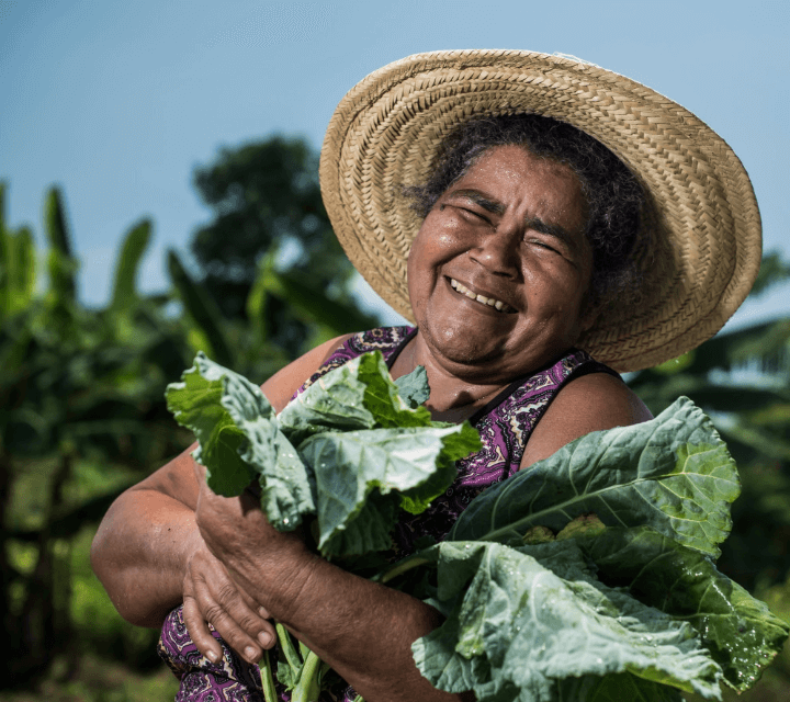 Uma senhora segura verduras nos braços. Ela está sorrindo e usa um chapéu de palha.