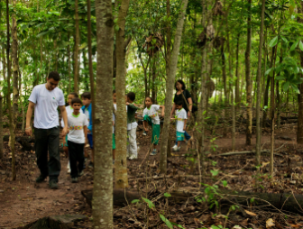 Foto de um grupo de crianças e dois instrutores andando no meio da floresta, entre as árvores