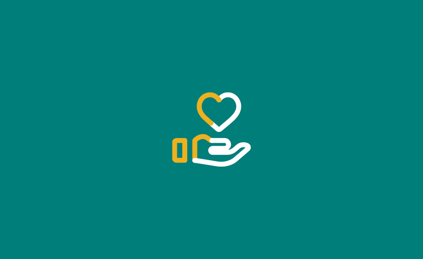 Fundo verde com ícone branco e amarelo de uma mão em concha e um coração vazado em cima dela, representando a categoria reparação. 