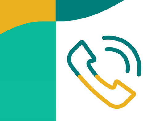 Icon representing a ringing telephone. On the left and upper side of the photo, there is a color block and two waves, belonging to Vale's visual identity
